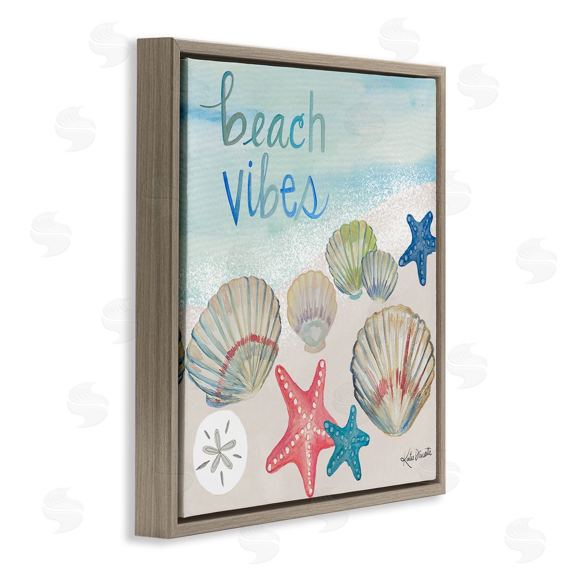 Katie Doucette Beach Vibes Calligraphy Trendy Seashells Starfish Painting  Brown Floating Frame Canvas Wall Art Print
