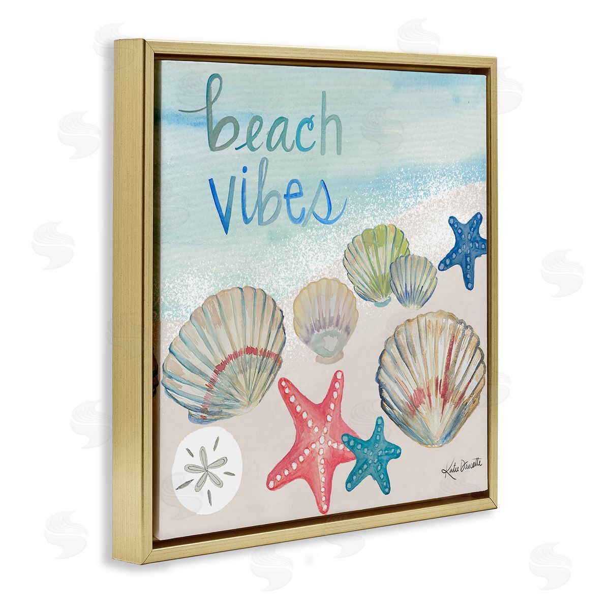 Katie Doucette Beach Vibes Calligraphy Trendy Seashells Starfish Painting  Gold Floating Frame Canvas Wall Art Print
