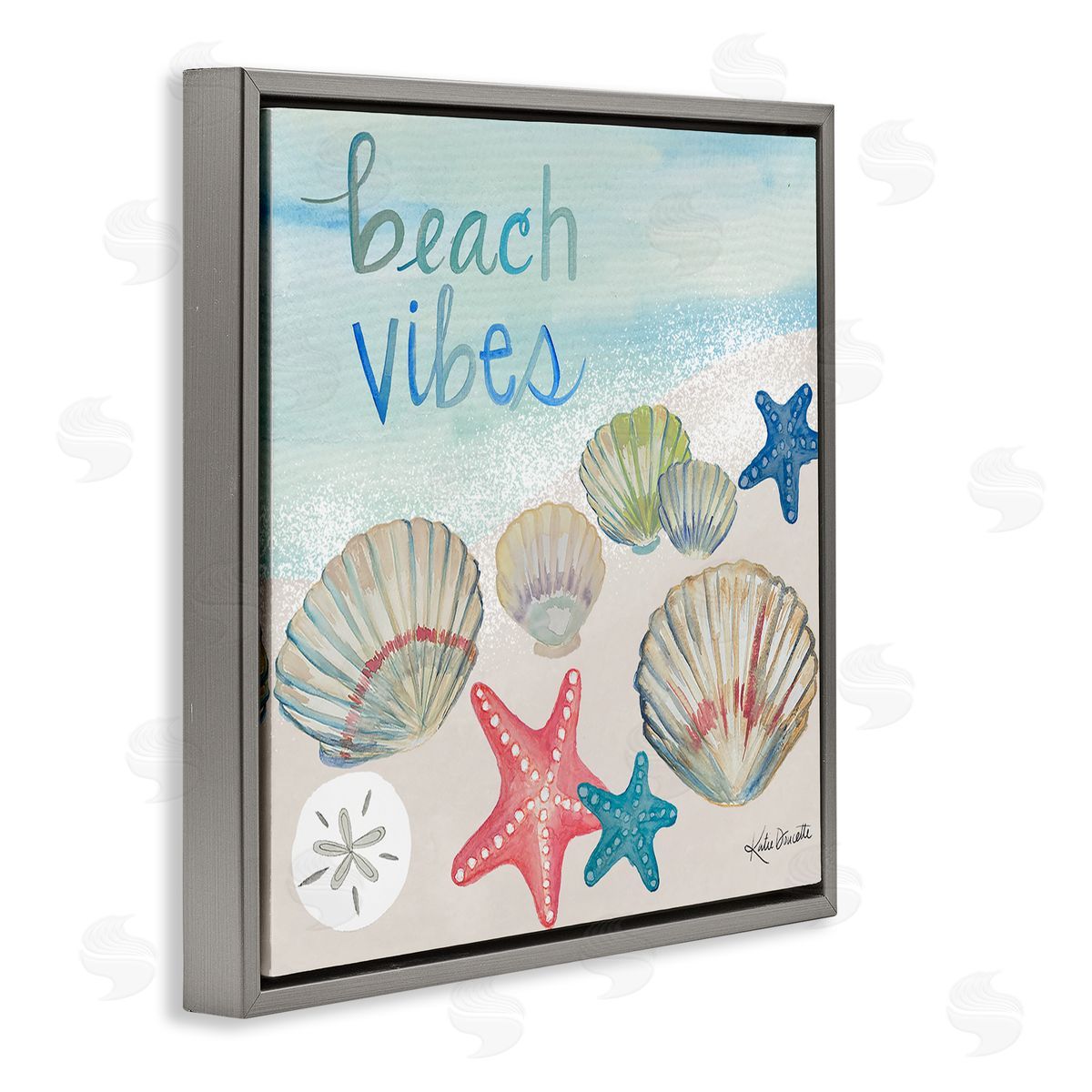 Katie Doucette Beach Vibes Calligraphy Trendy Seashells Starfish Painting  Gray Floating Frame Canvas Wall Art Print