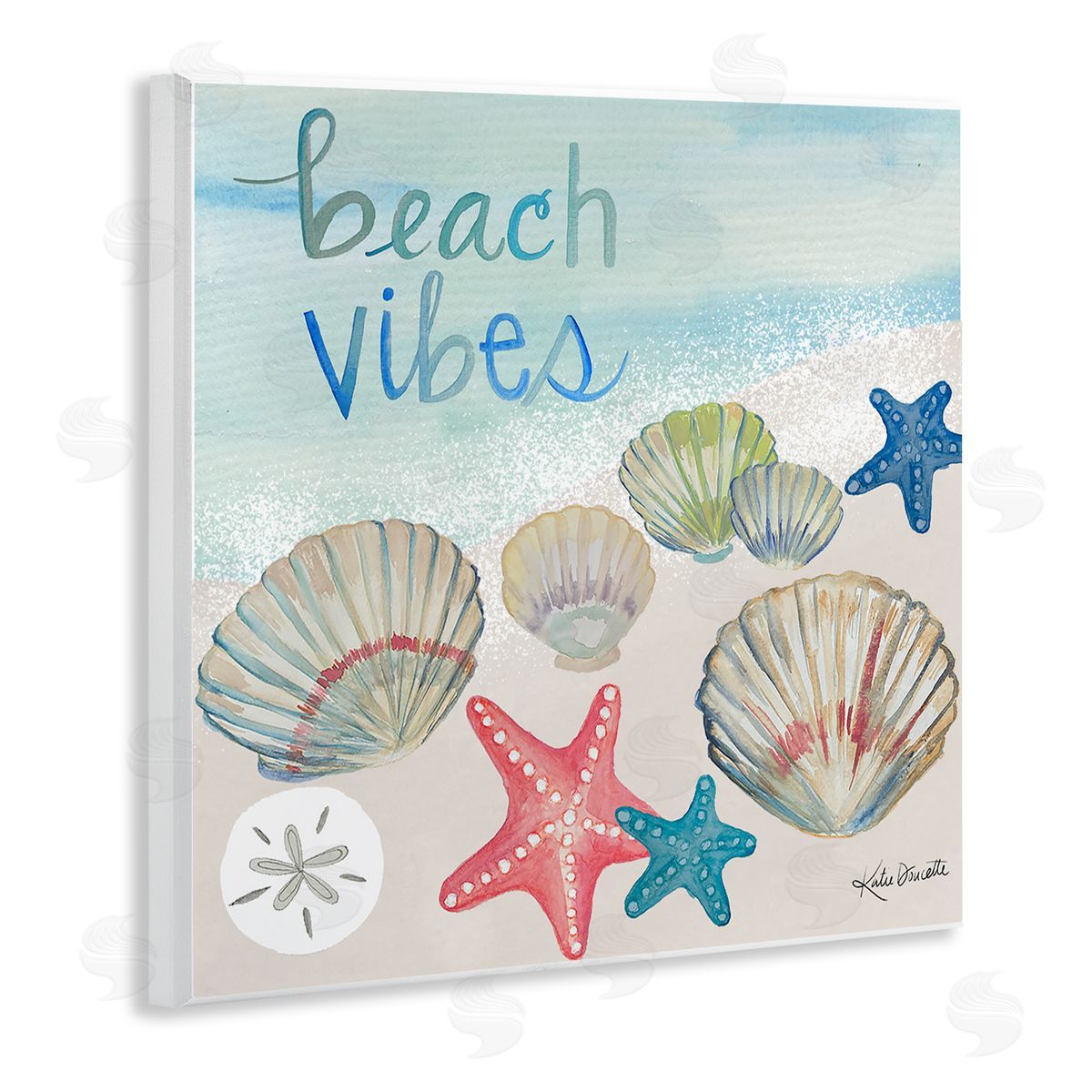 Katie Doucette Beach Vibes Calligraphy Trendy Seashells Starfish Painting  Wooden Wall Plaque Art Print