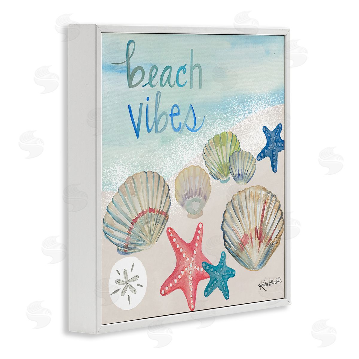 Katie Doucette Beach Vibes Calligraphy Trendy Seashells Starfish Painting  White Framed Glicee Wall Art Print