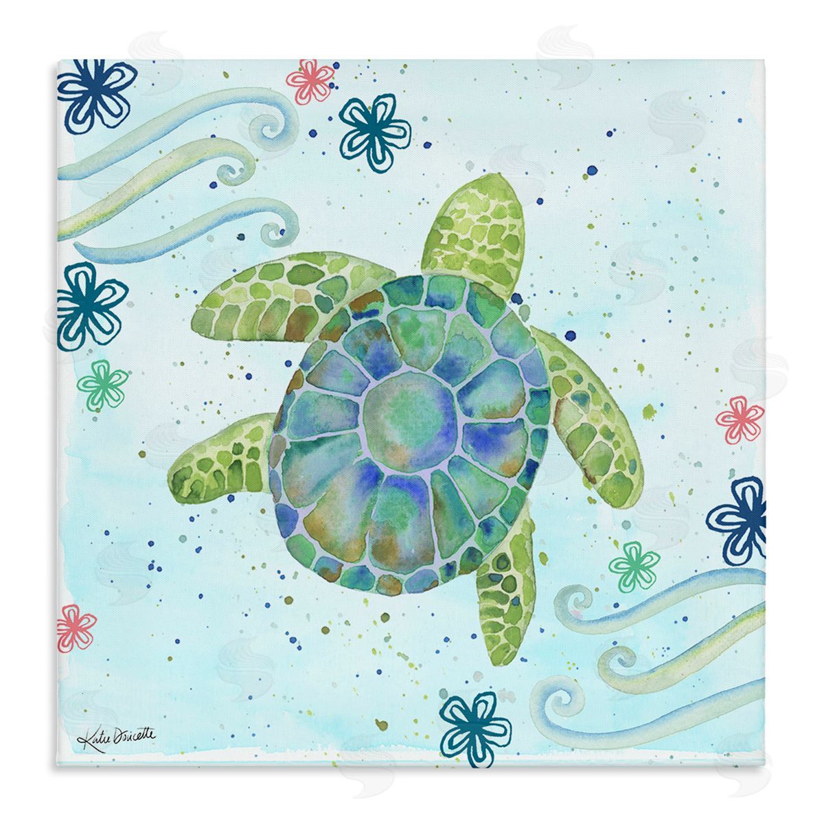 Katie Doucette Lovely Green Sea Turtle Ocean Flower Painting Stretched Canvas Wall Art Print