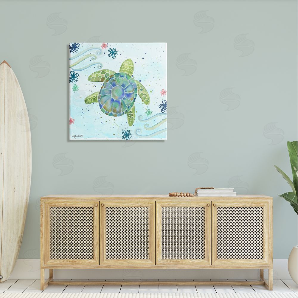 Katie Doucette Lovely Green Sea Turtle Ocean Flower Painting Canvas Wall Art in Room