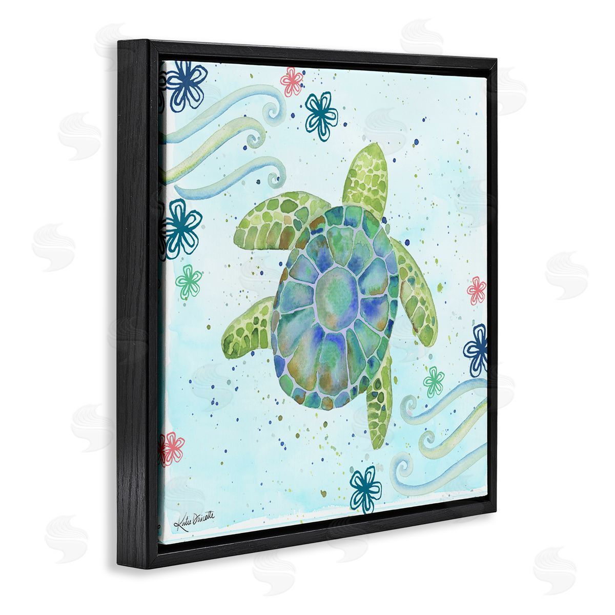 Katie Doucette Lovely Green Sea Turtle Ocean Flower Painting Black Floating Frame Canvas Wall Art Print
