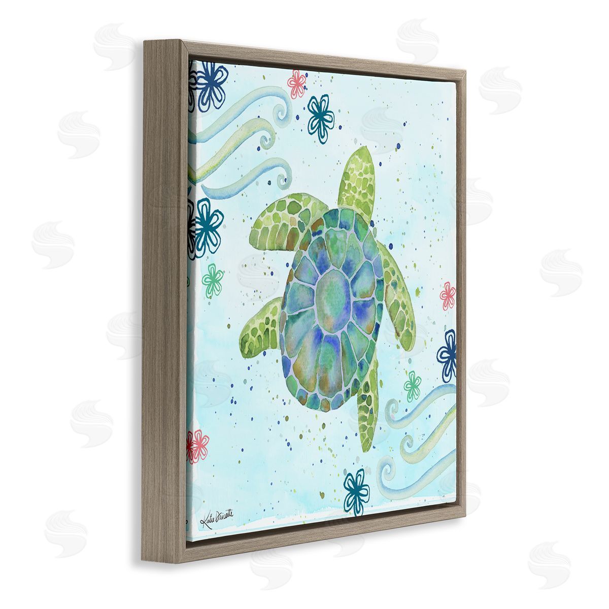 Katie Doucette Lovely Green Sea Turtle Ocean Flower Painting Brown Floating Frame Canvas Wall Art Print
