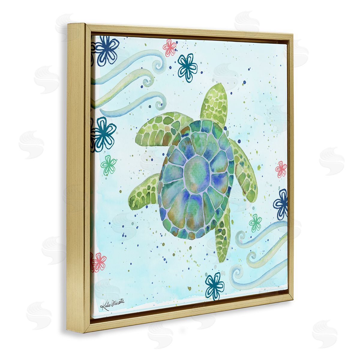 Katie Doucette Lovely Green Sea Turtle Ocean Flower Painting Gold Floating Frame Canvas Wall Art Print