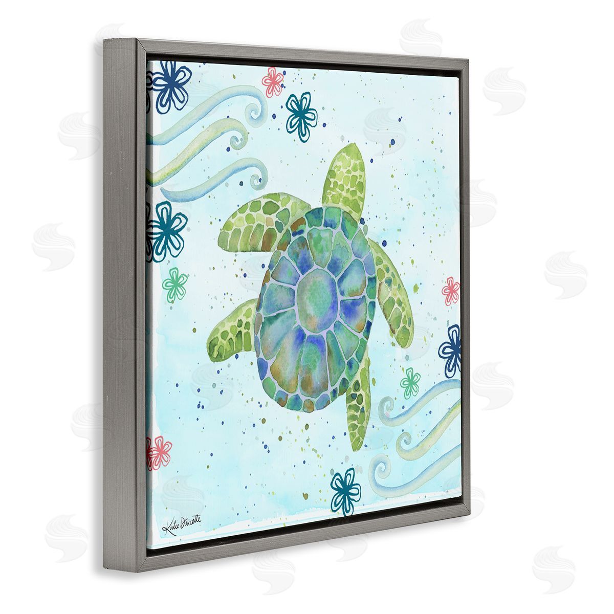 Katie Doucette Lovely Green Sea Turtle Ocean Flower Painting Gray Floating Frame Canvas Wall Art Print