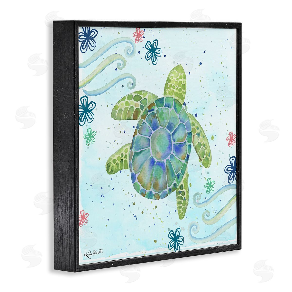Katie Doucette Lovely Green Sea Turtle Ocean Flower Painting Black Framed Glicee Wall Art Print