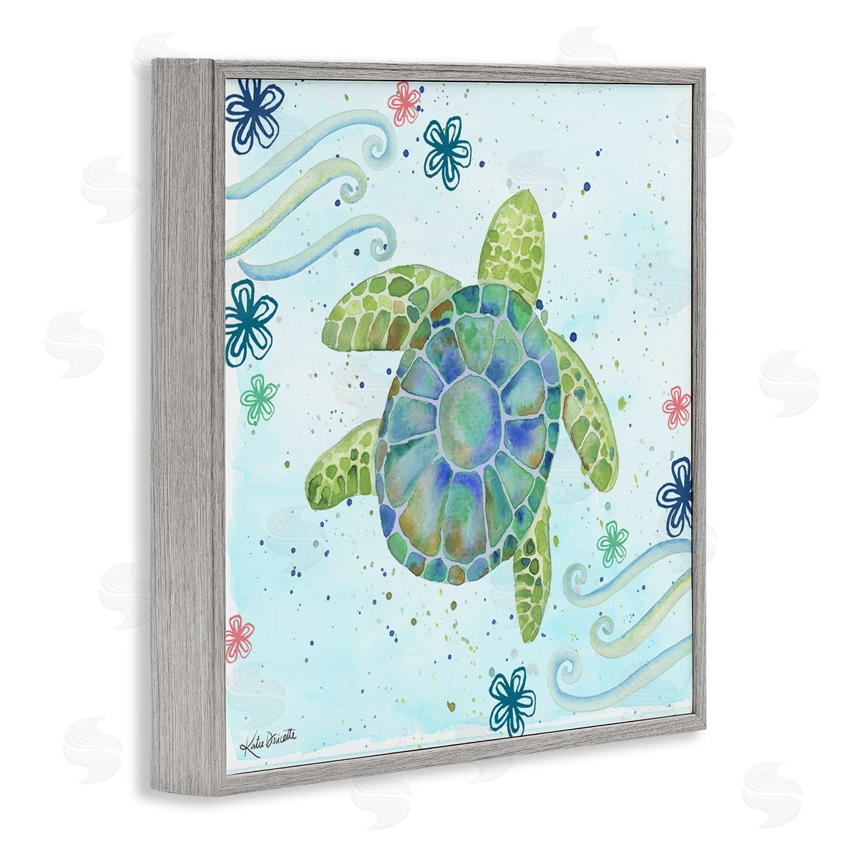 Katie Doucette Lovely Green Sea Turtle Ocean Flower Painting Gray Framed Glicee Wall Art Print