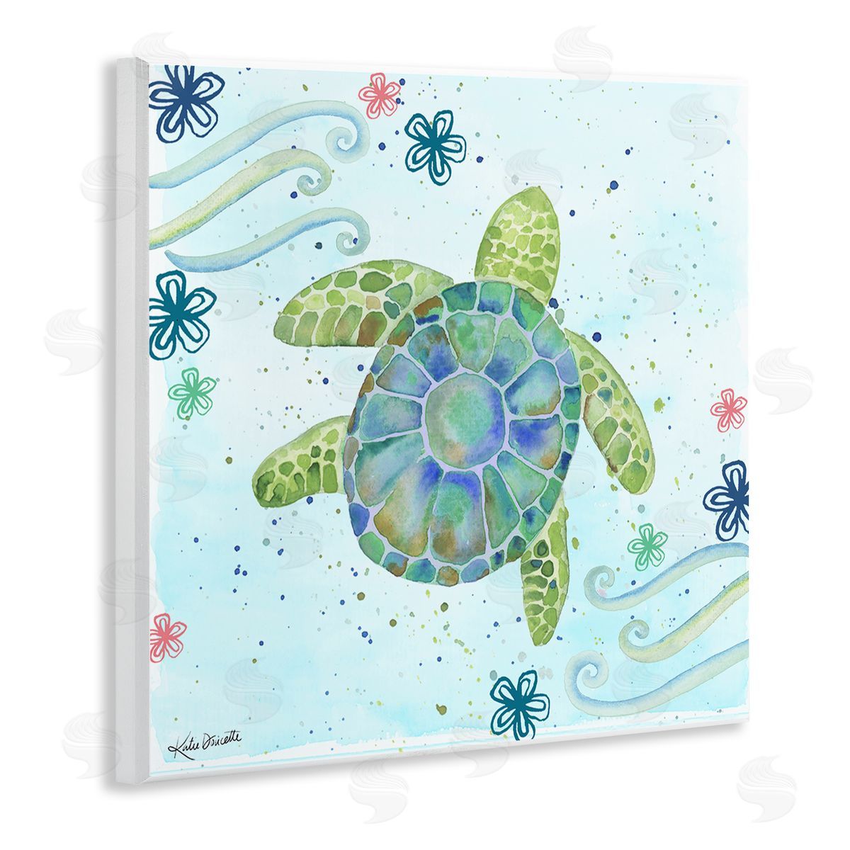 Katie Doucette Lovely Green Sea Turtle Ocean Flower Painting Wooden Wall Plaque Art Print
