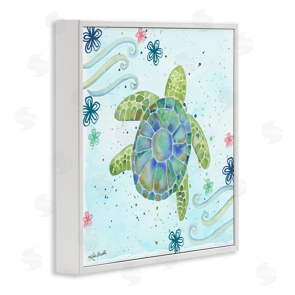 Katie Doucette Lovely Green Sea Turtle Ocean Flower Painting White Framed Glicee Wall Art Print