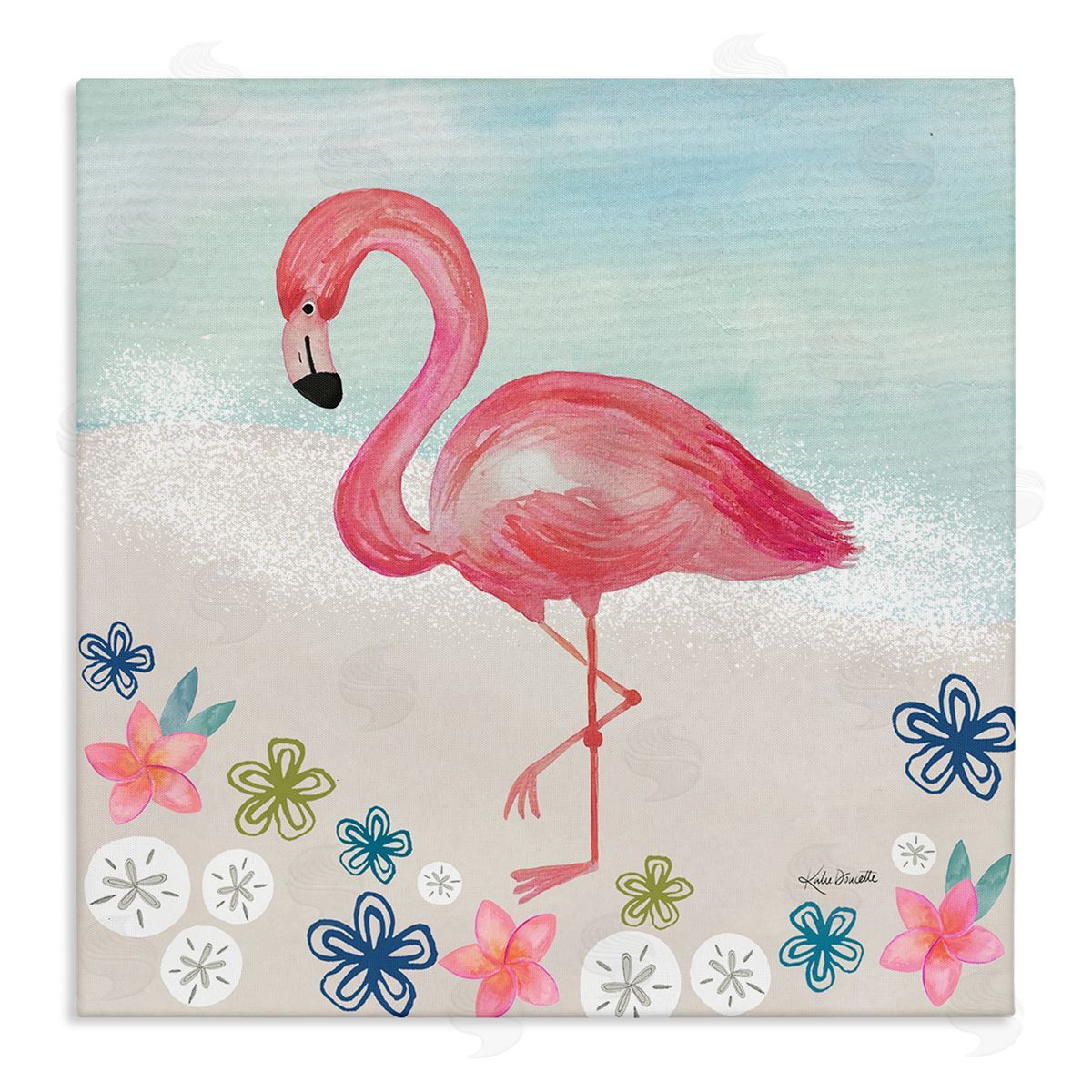 Katie Doucette Flamingo Among Sand Dollars Flowers Beach Shore Stretched Canvas Wall Art Print