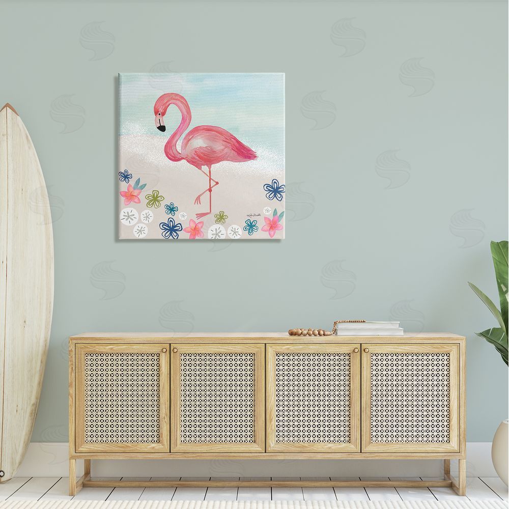 Katie Doucette Flamingo Among Sand Dollars Flowers Beach Shore Canvas Wall Art in Room