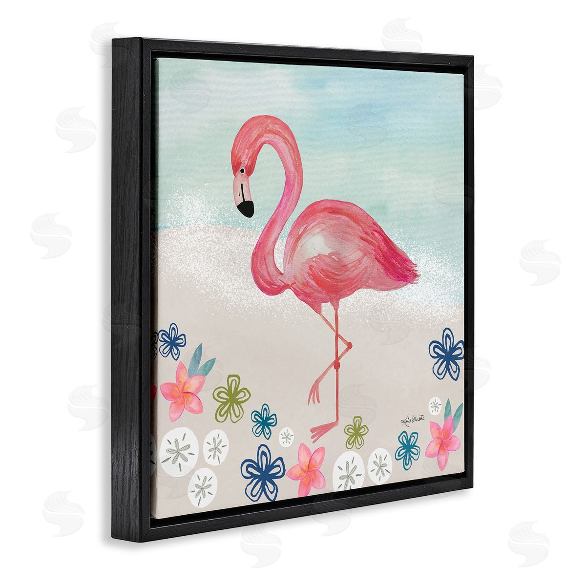 Katie Doucette Flamingo Among Sand Dollars Flowers Beach Shore Black Floating Frame Canvas Wall Art Print
