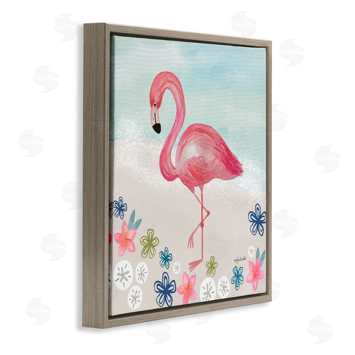 Katie Doucette Flamingo Among Sand Dollars Flowers Beach Shore Brown Floating Frame Canvas Wall Art Print
