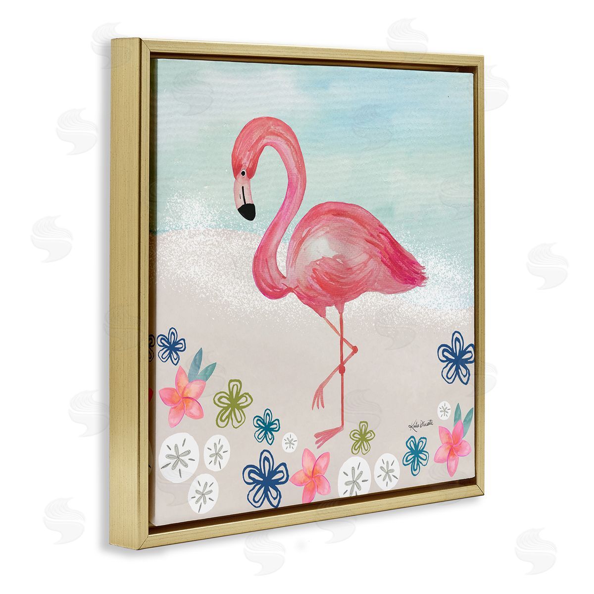 Katie Doucette Flamingo Among Sand Dollars Flowers Beach Shore Gold Floating Frame Canvas Wall Art Print