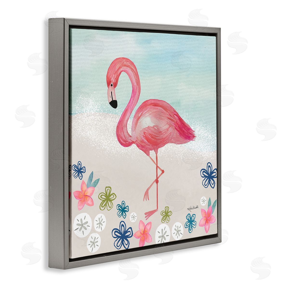 Katie Doucette Flamingo Among Sand Dollars Flowers Beach Shore Gray Floating Frame Canvas Wall Art Print