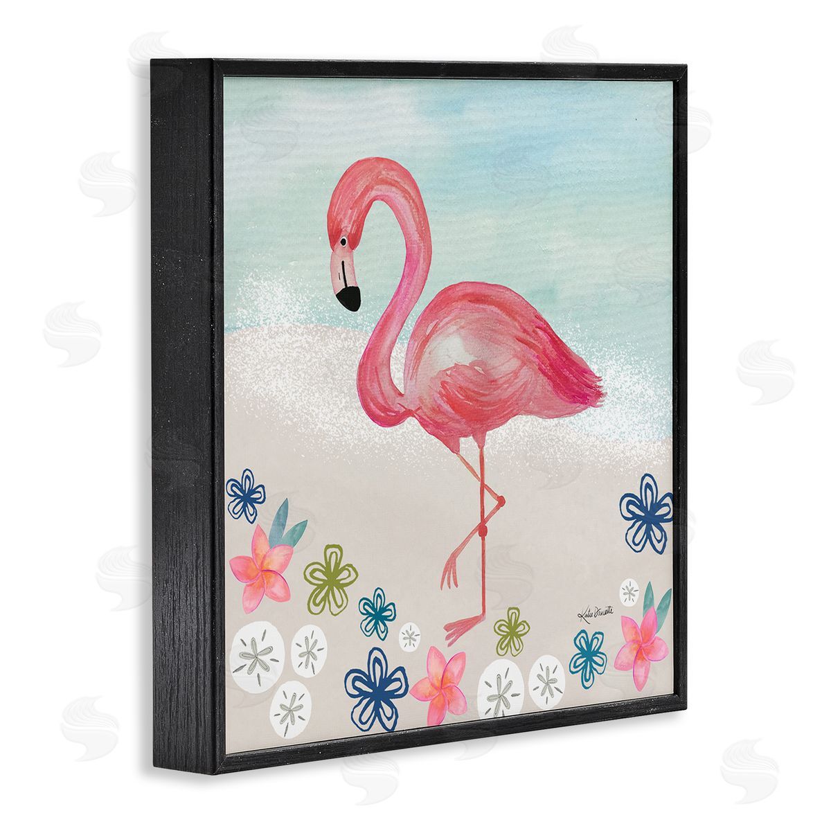 Katie Doucette Flamingo Among Sand Dollars Flowers Beach Shore Black Framed Glicee Wall Art Print