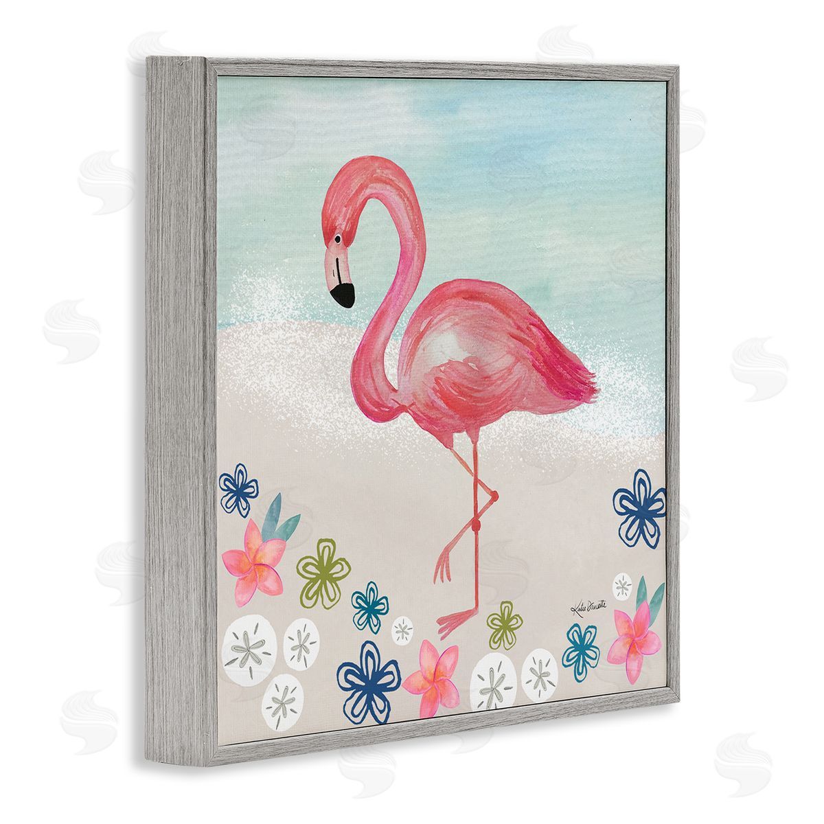 Katie Doucette Flamingo Among Sand Dollars Flowers Beach Shore Gray Framed Glicee Wall Art Print