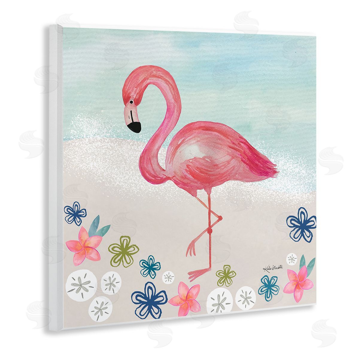Katie Doucette Flamingo Among Sand Dollars Flowers Beach Shore Wooden Wall Plaque Art Print