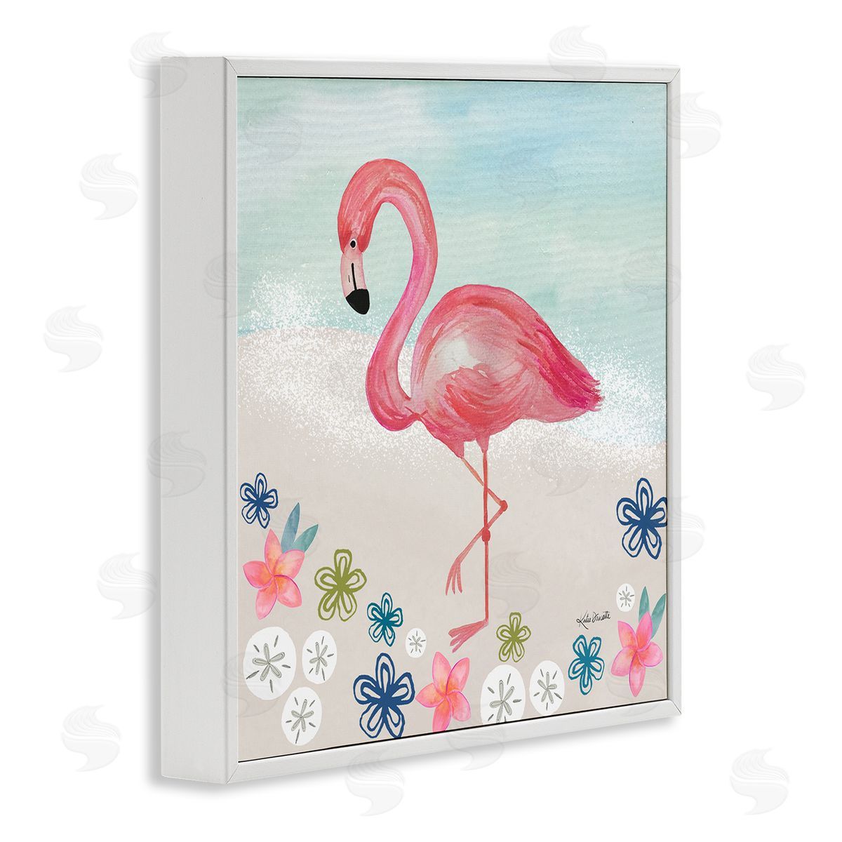 Katie Doucette Flamingo Among Sand Dollars Flowers Beach Shore White Framed Glicee Wall Art Print