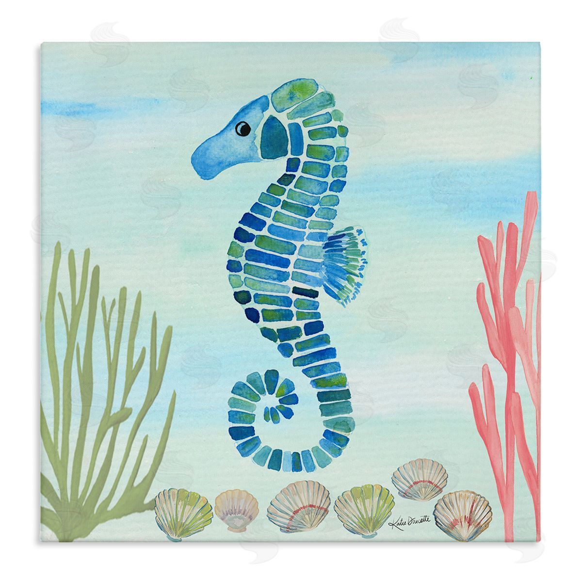Katie Doucette Mosaic Seahorse Clam Seashells Ocean Floor Reef  Stretched Canvas Wall Art Print