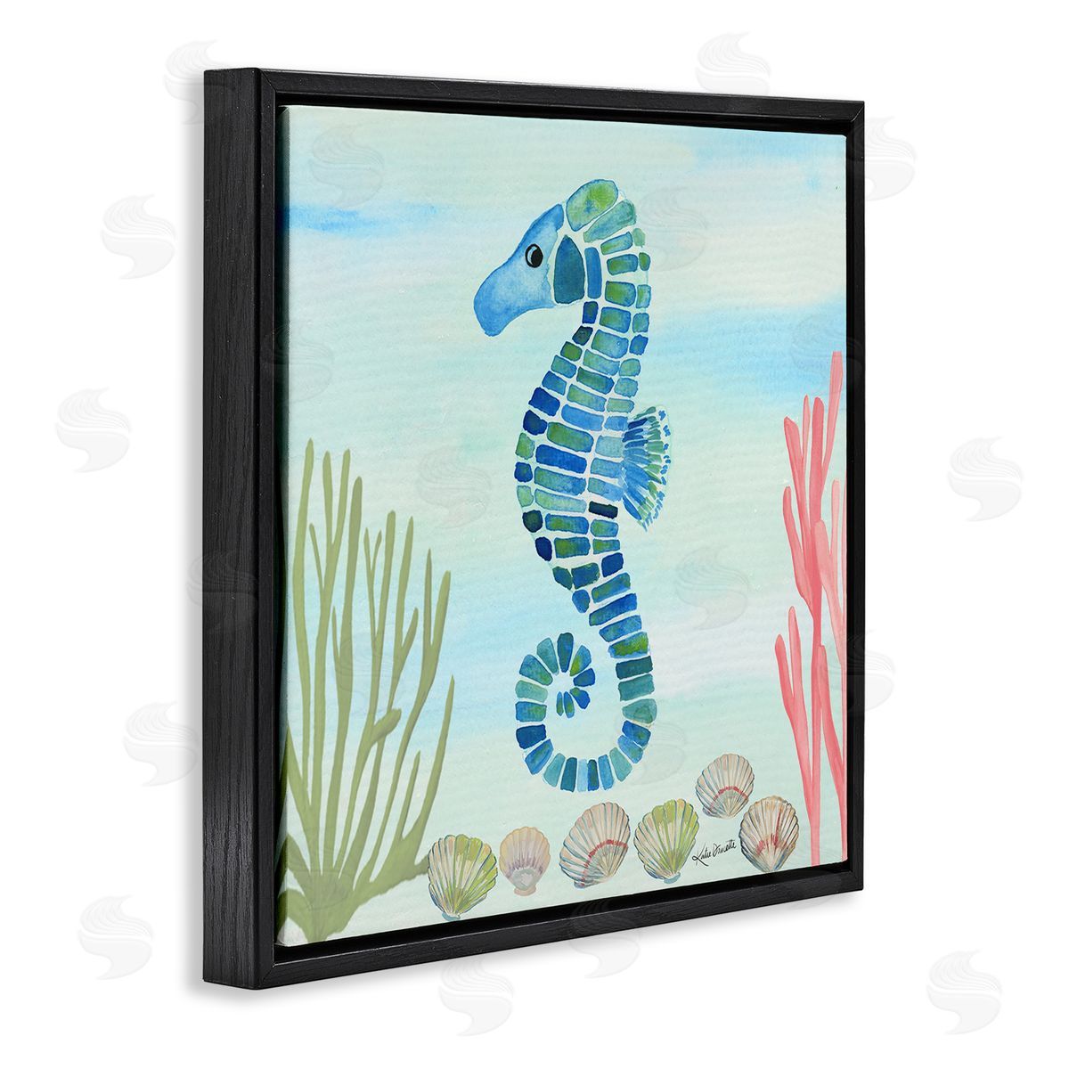 Katie Doucette Mosaic Seahorse Clam Seashells Ocean Floor Reef  Black Floating Frame Canvas Wall Art Print