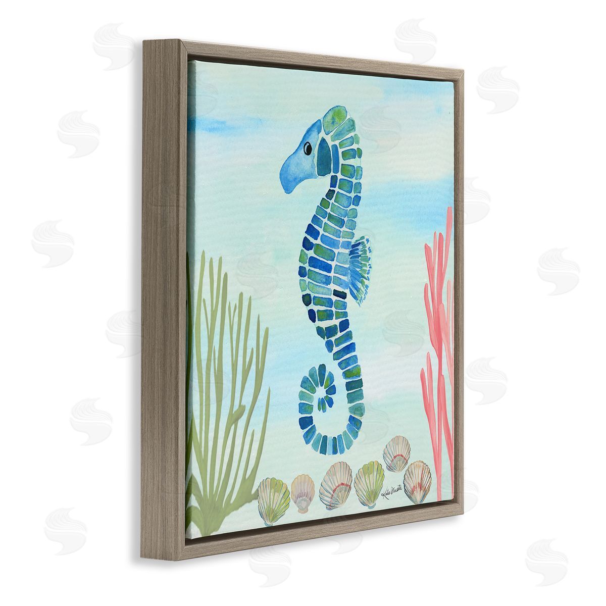 Katie Doucette Mosaic Seahorse Clam Seashells Ocean Floor Reef  Brown Floating Frame Canvas Wall Art Print