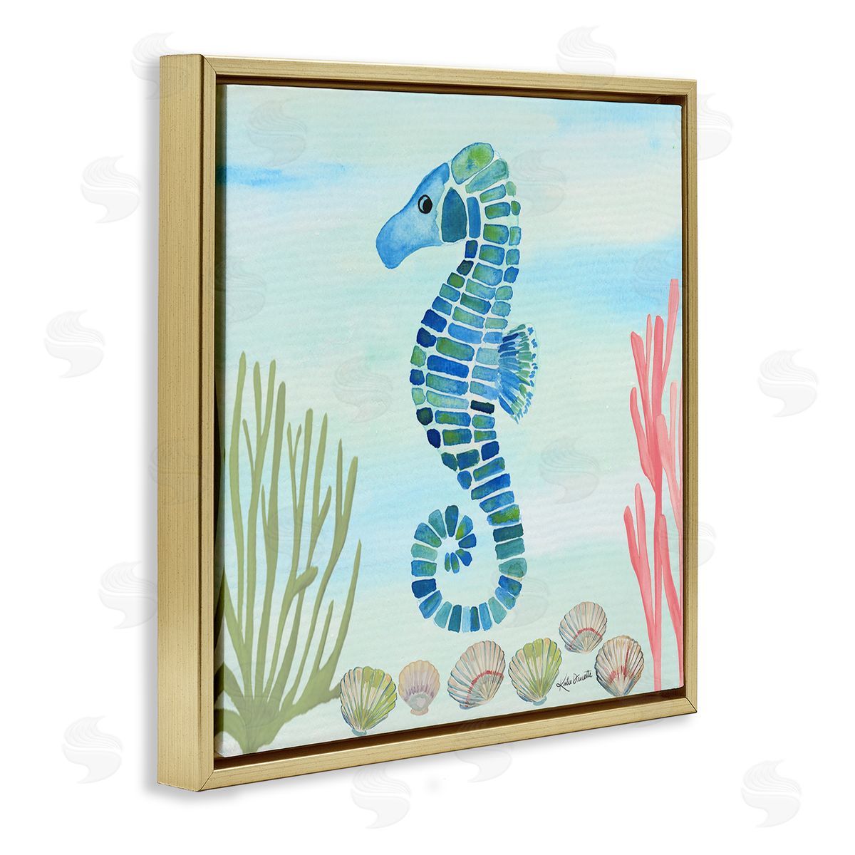Katie Doucette Mosaic Seahorse Clam Seashells Ocean Floor Reef  Gold Floating Frame Canvas Wall Art Print