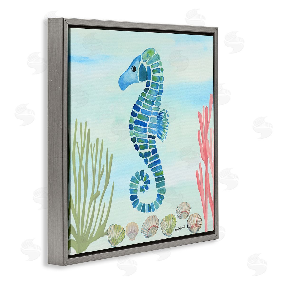 Katie Doucette Mosaic Seahorse Clam Seashells Ocean Floor Reef  Gray Floating Frame Canvas Wall Art Print