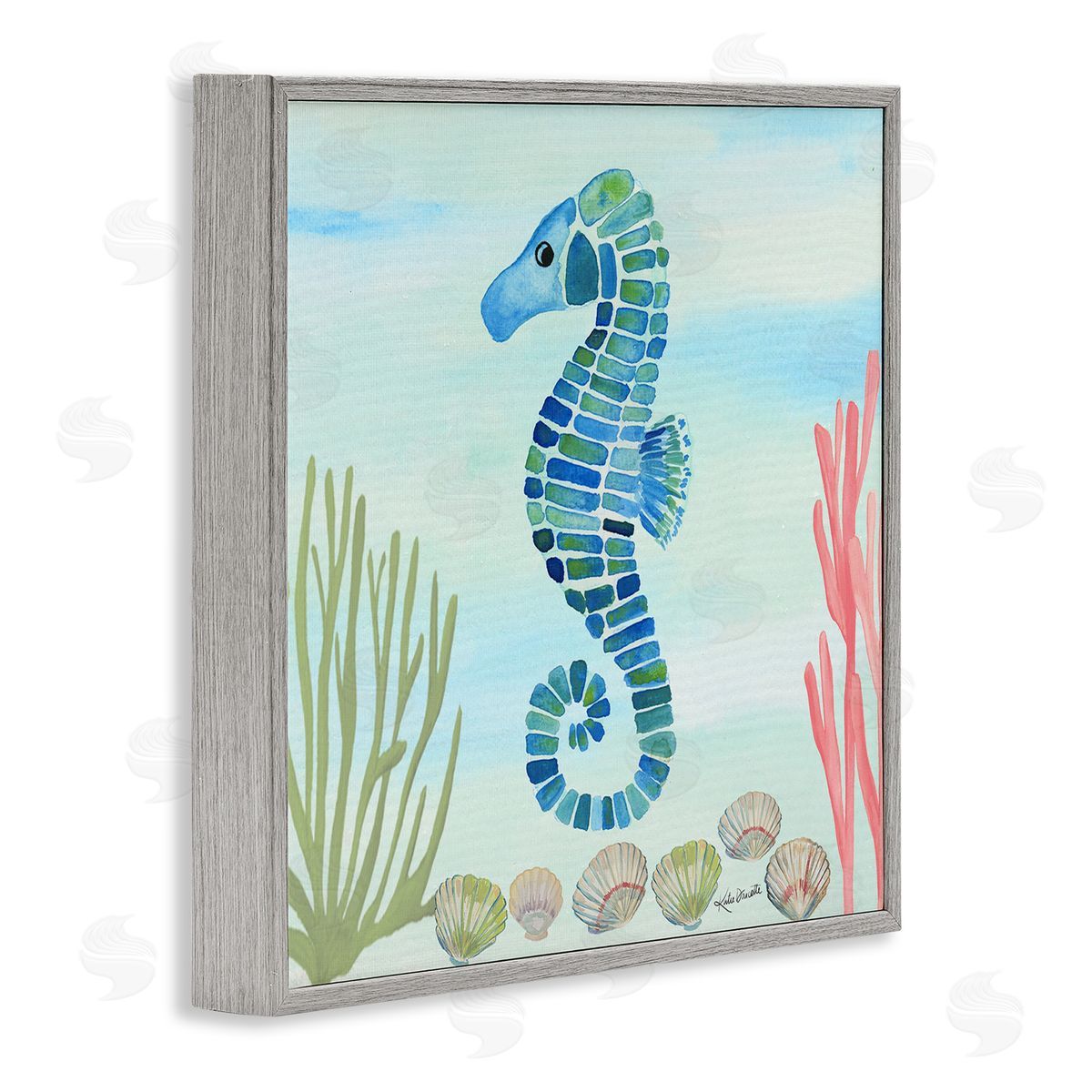 Katie Doucette Mosaic Seahorse Clam Seashells Ocean Floor Reef  Gray Framed Glicee Wall Art Print