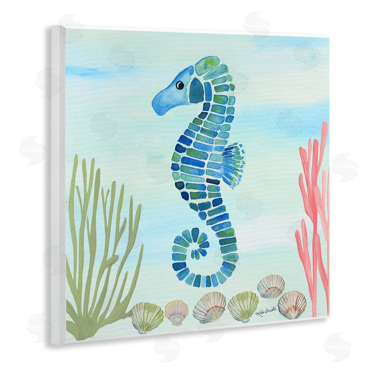 Katie Doucette Mosaic Seahorse Clam Seashells Ocean Floor Reef  Wooden Wall Plaque Art Print