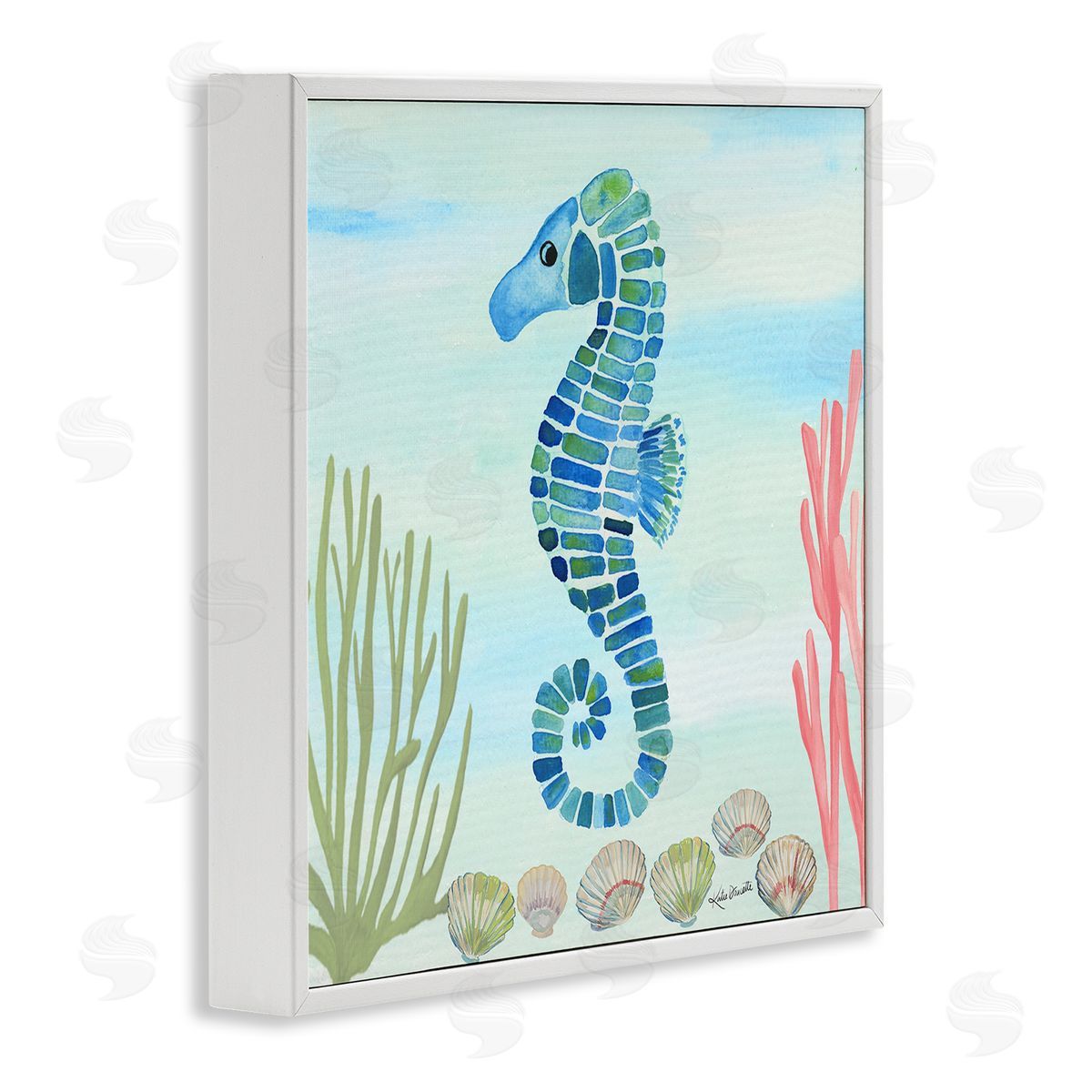 Katie Doucette Mosaic Seahorse Clam Seashells Ocean Floor Reef  White Framed Glicee Wall Art Print