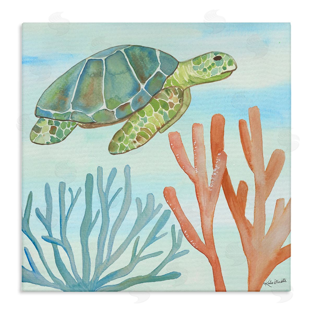 Katie Doucette Green Sea Turtle Floating Underwater Ocean Coral  Stretched Canvas Wall Art Print