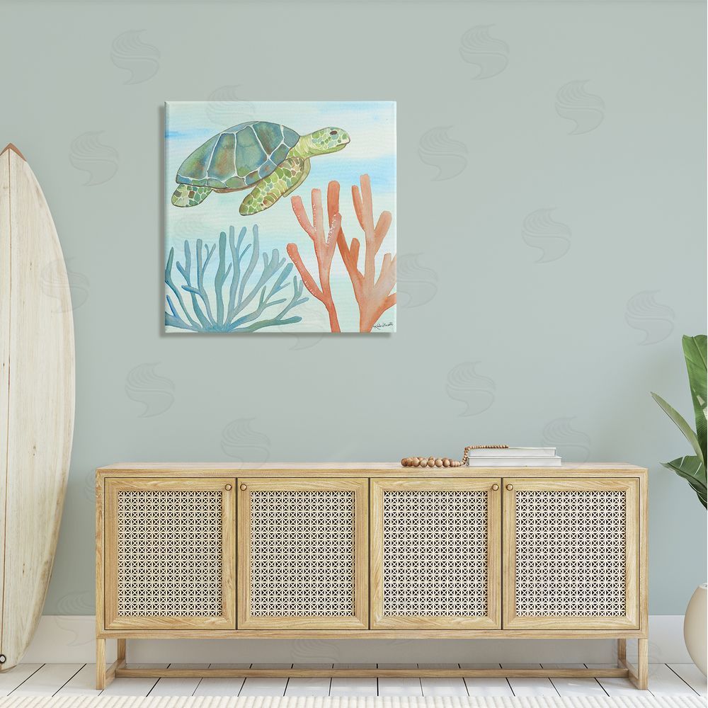Katie Doucette Green Sea Turtle Floating Underwater Ocean Coral  Canvas Wall Art in Room