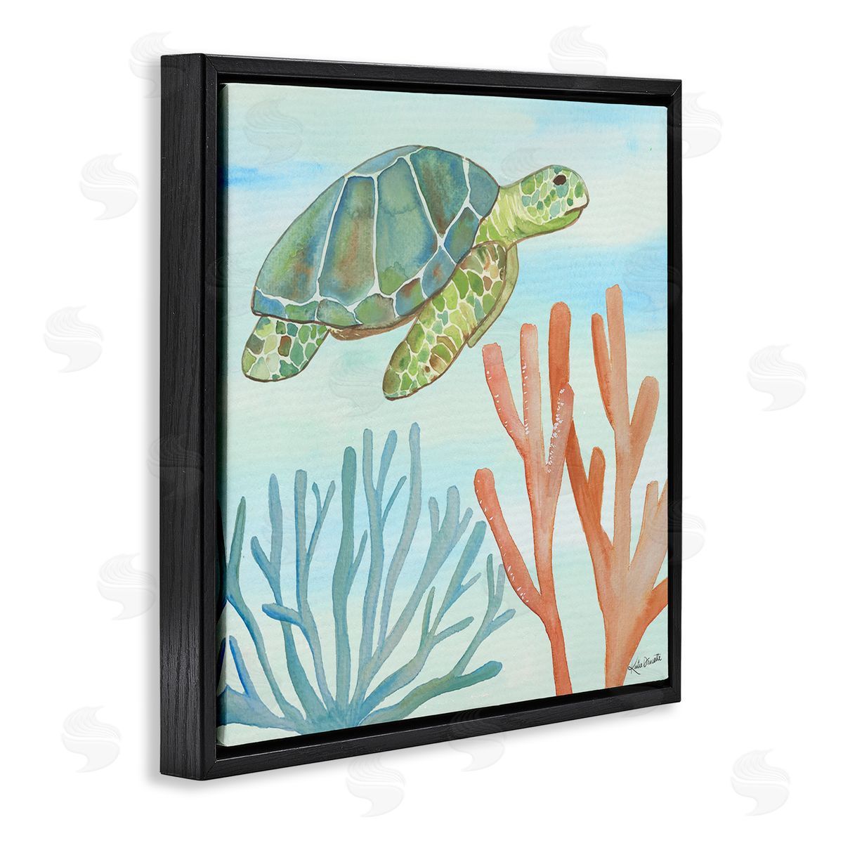 Katie Doucette Green Sea Turtle Floating Underwater Ocean Coral  Black Floating Frame Canvas Wall Art Print