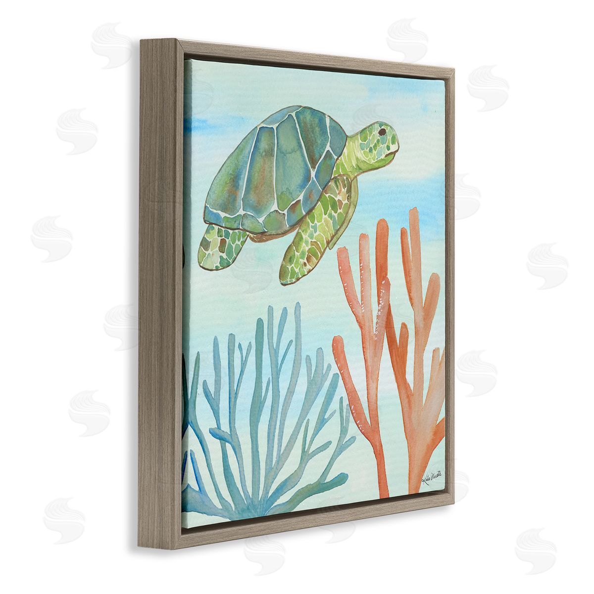 Katie Doucette Green Sea Turtle Floating Underwater Ocean Coral  Brown Floating Frame Canvas Wall Art Print