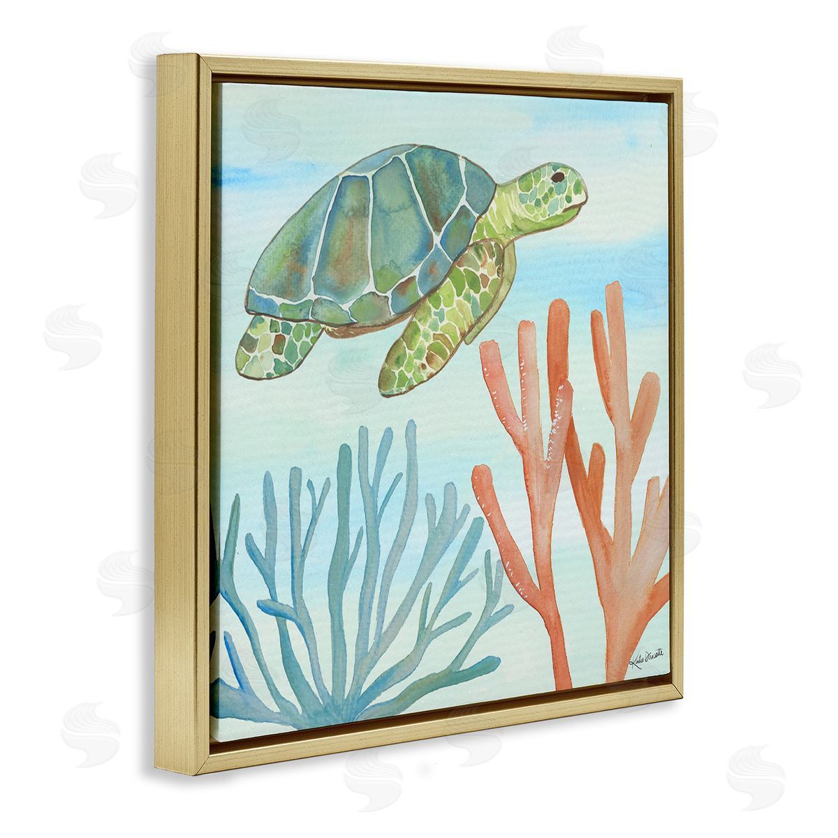 Katie Doucette Green Sea Turtle Floating Underwater Ocean Coral  Gold Floating Frame Canvas Wall Art Print