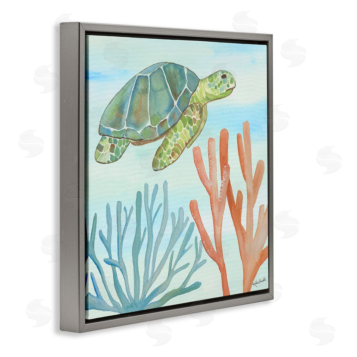Katie Doucette Green Sea Turtle Floating Underwater Ocean Coral  Gray Floating Frame Canvas Wall Art Print