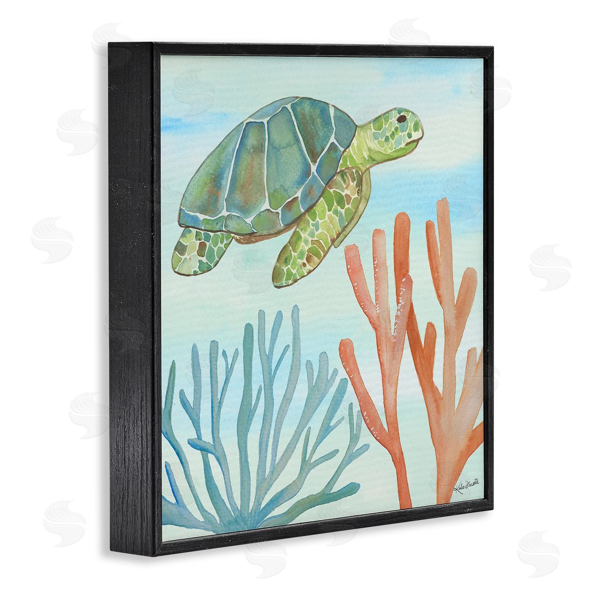 Katie Doucette Green Sea Turtle Floating Underwater Ocean Coral  Black Framed Glicee Wall Art Print