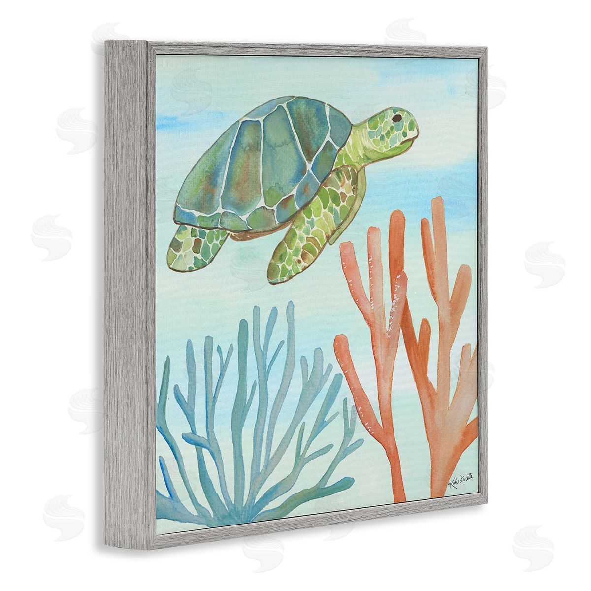 Katie Doucette Green Sea Turtle Floating Underwater Ocean Coral  Gray Framed Glicee Wall Art Print