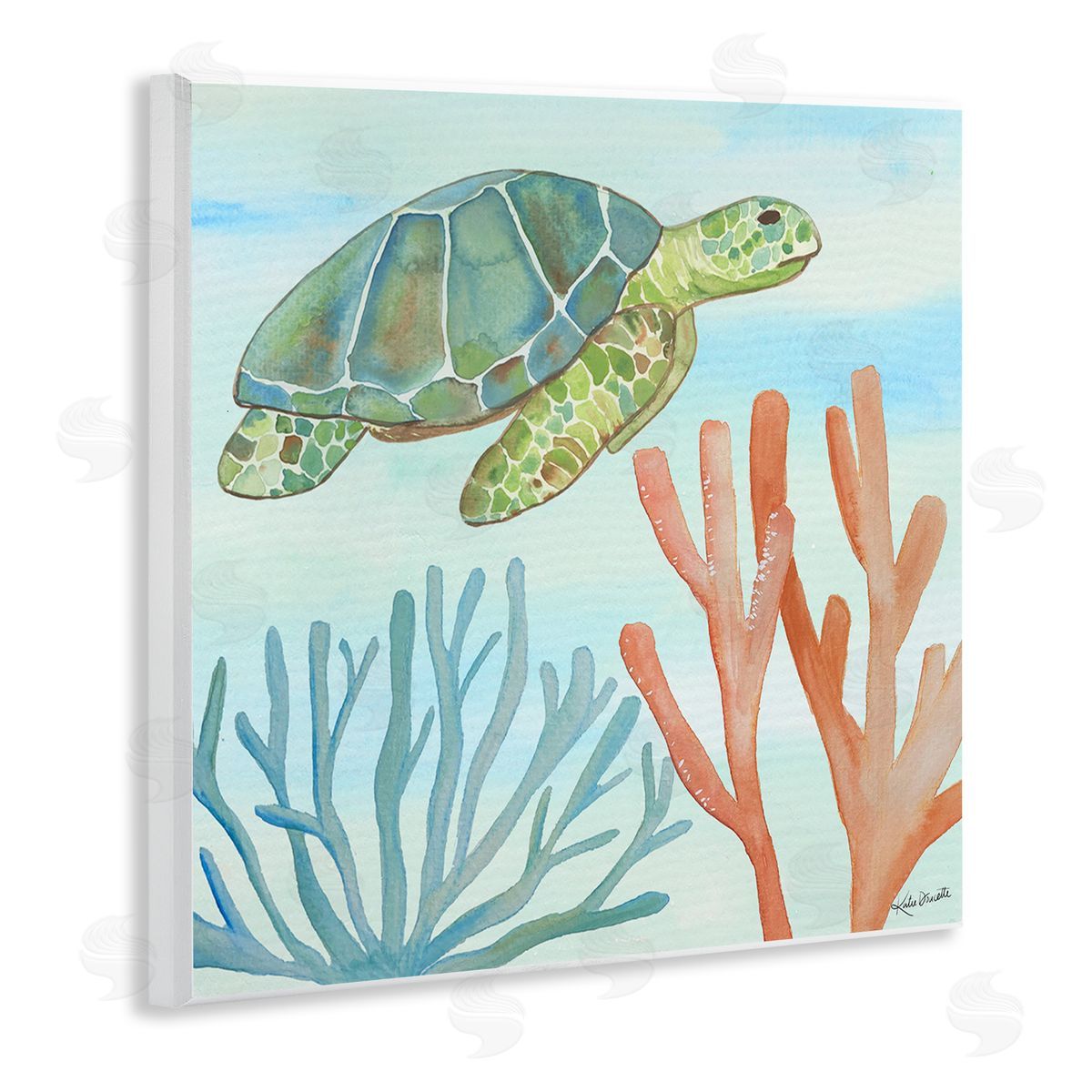 Katie Doucette Green Sea Turtle Floating Underwater Ocean Coral  Wooden Wall Plaque Art Print