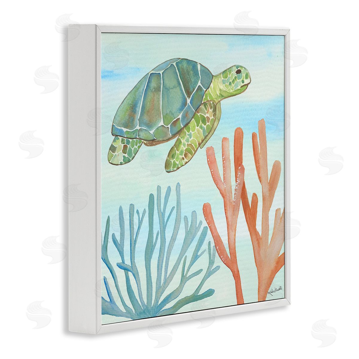 Katie Doucette Green Sea Turtle Floating Underwater Ocean Coral  White Framed Glicee Wall Art Print