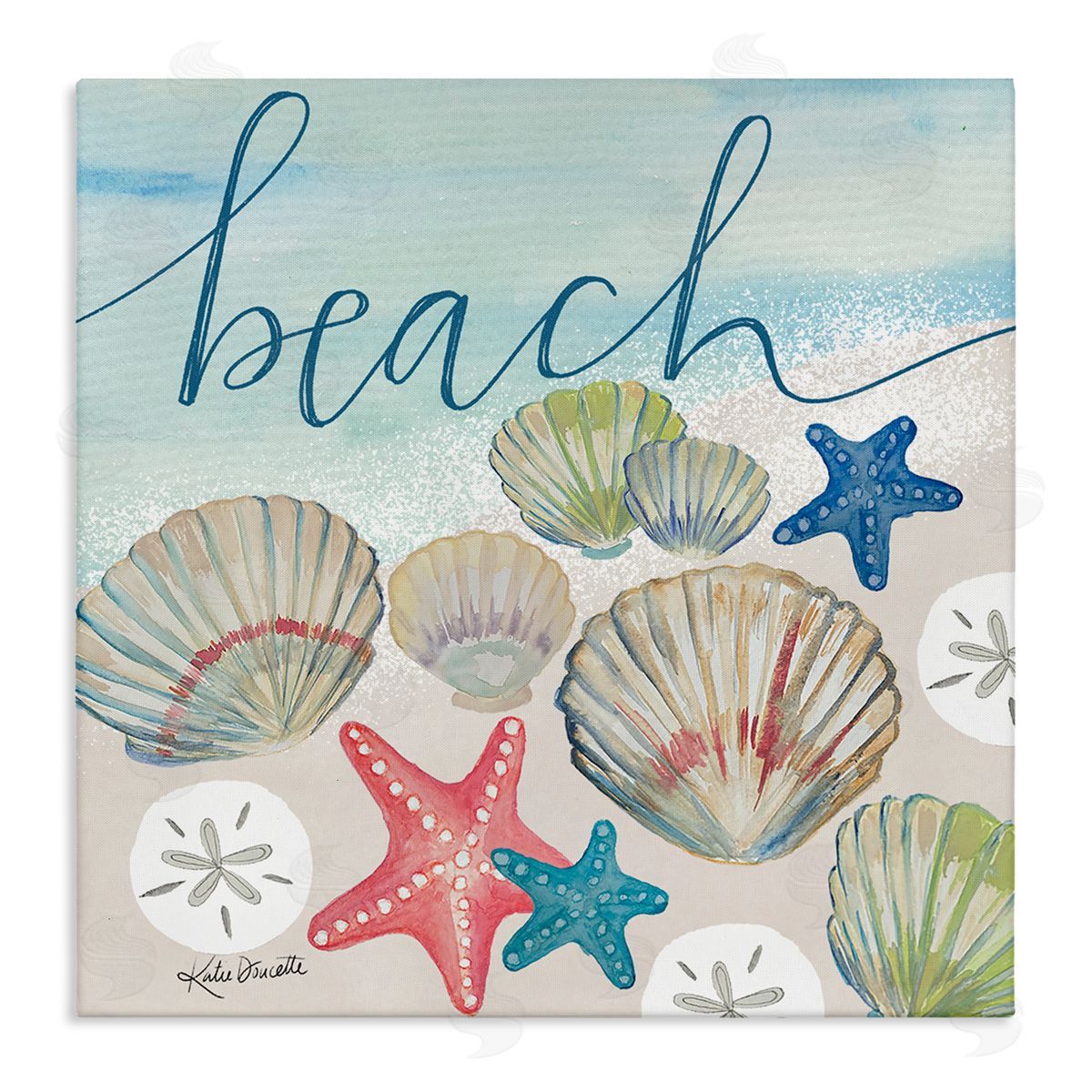 Katie Doucette Beach Calligraphy Seashells Clams Starfish Ocean Foam Stretched Canvas Wall Art Print