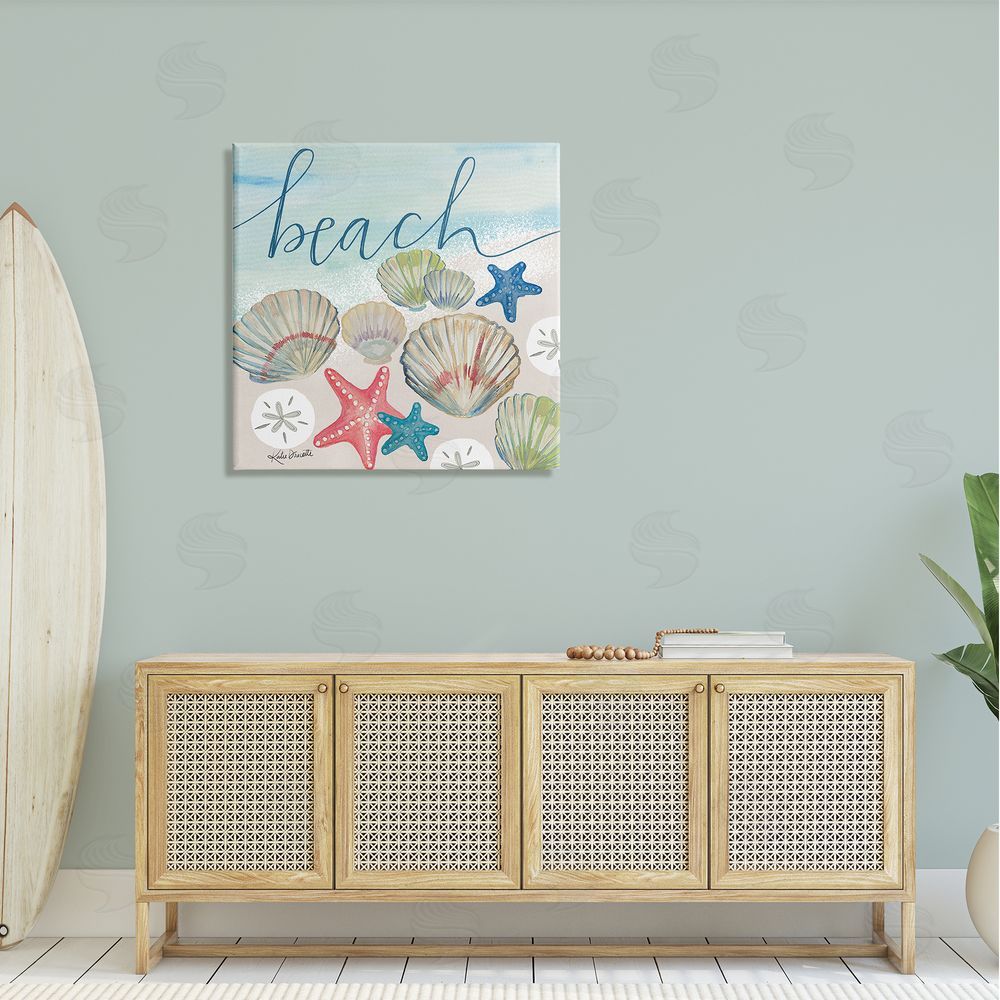 Katie Doucette Beach Calligraphy Seashells Clams Starfish Ocean Foam Canvas Wall Art in Room