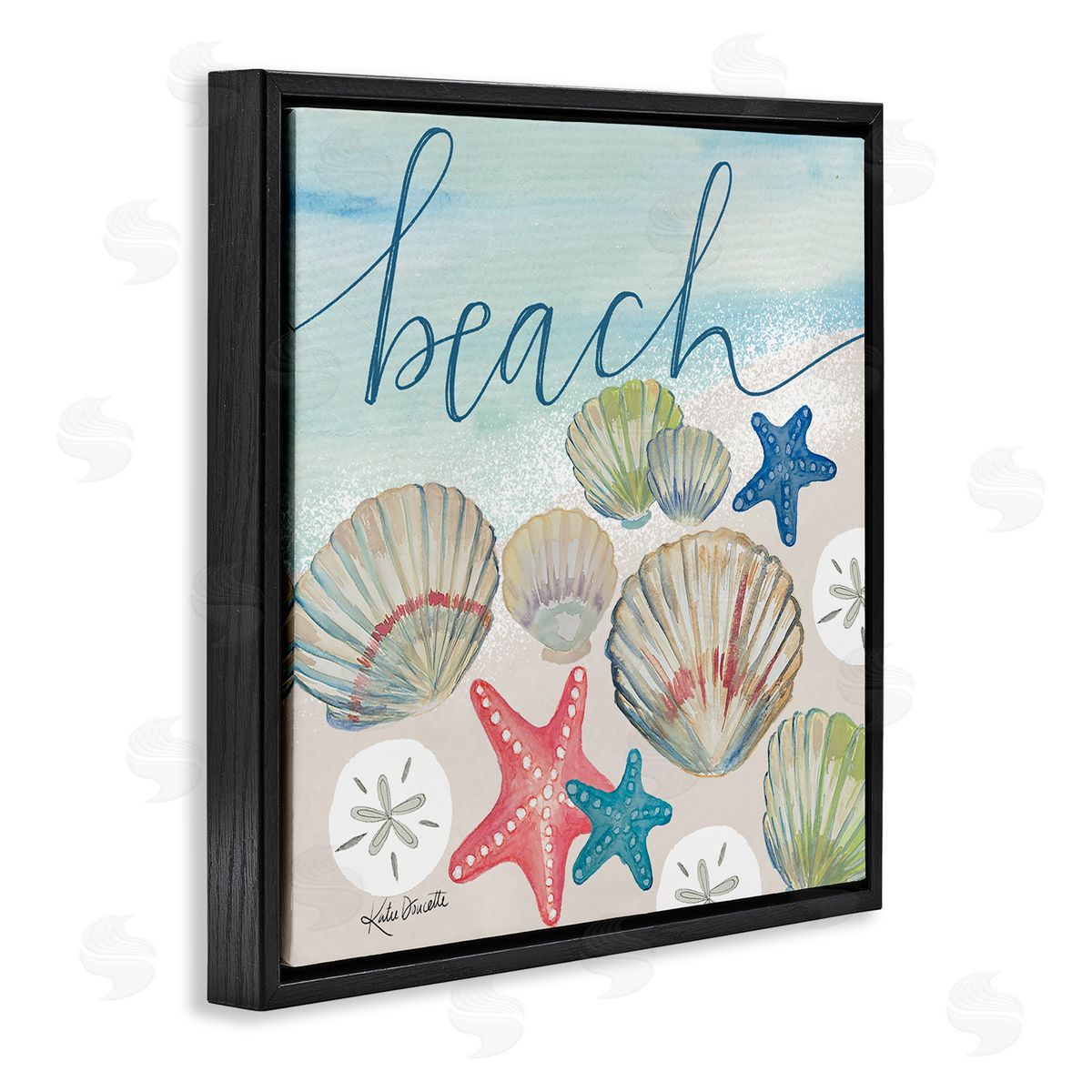 Katie Doucette Beach Calligraphy Seashells Clams Starfish Ocean Foam Black Floating Frame Canvas Wall Art Print