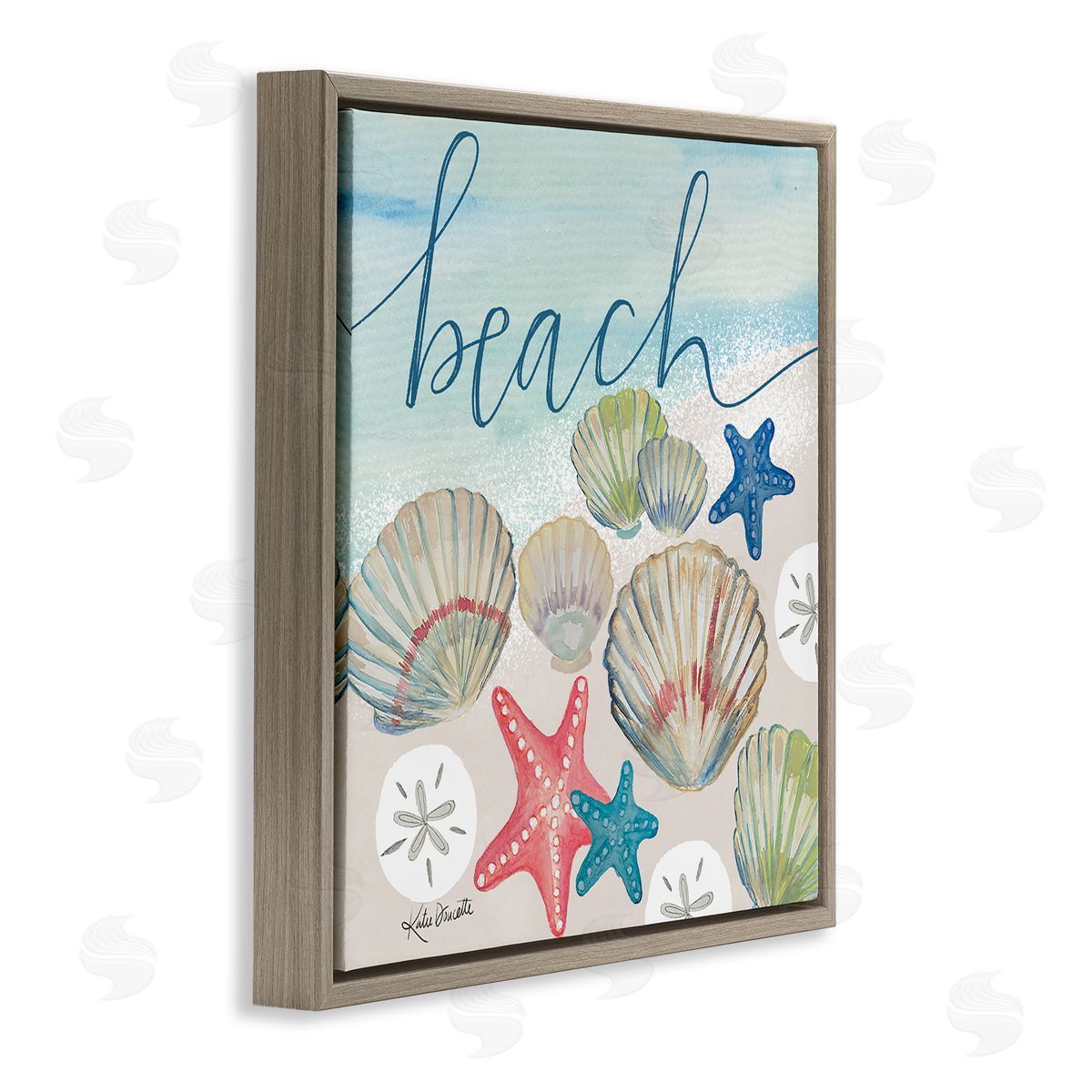Katie Doucette Beach Calligraphy Seashells Clams Starfish Ocean Foam Brown Floating Frame Canvas Wall Art Print