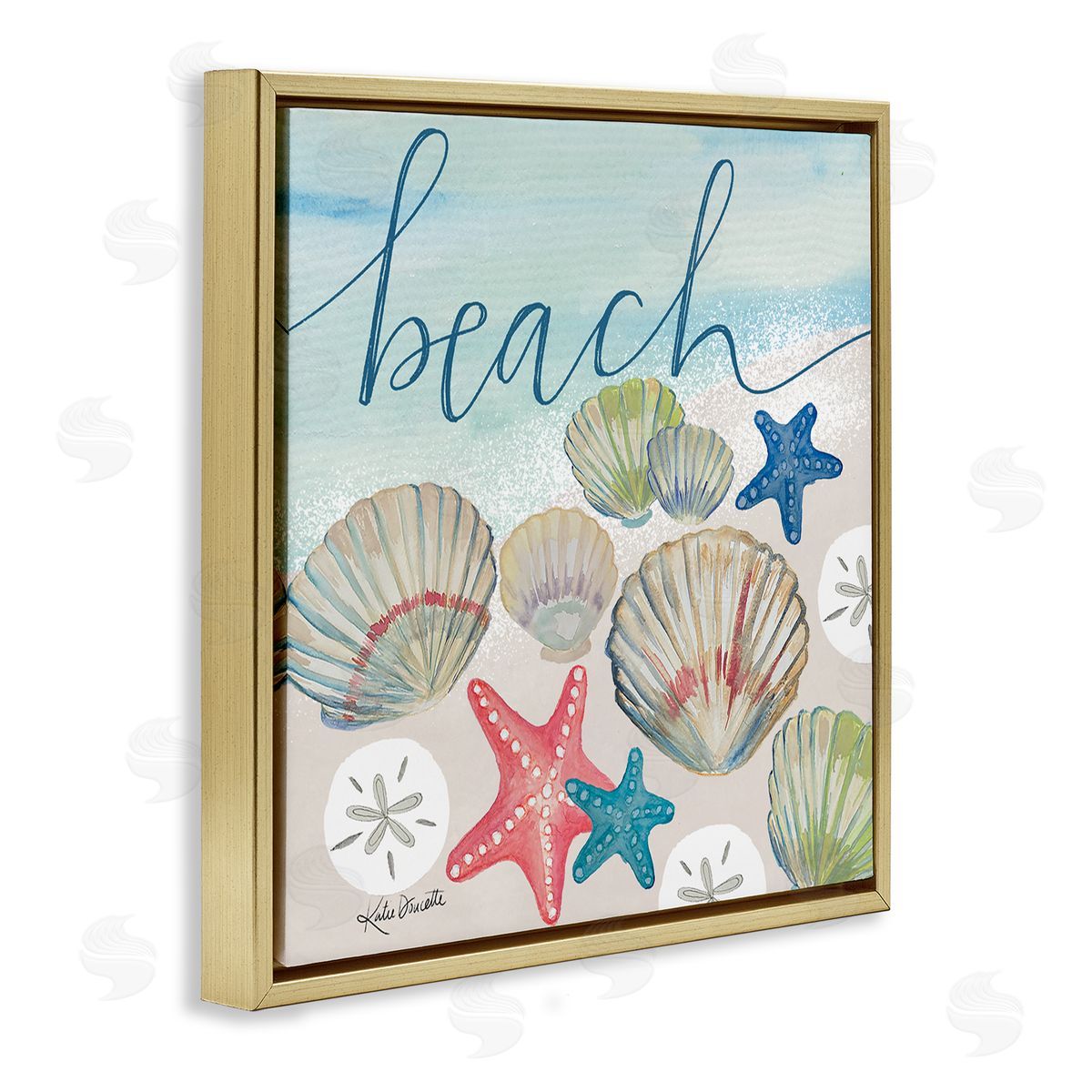 Katie Doucette Beach Calligraphy Seashells Clams Starfish Ocean Foam Gold Floating Frame Canvas Wall Art Print