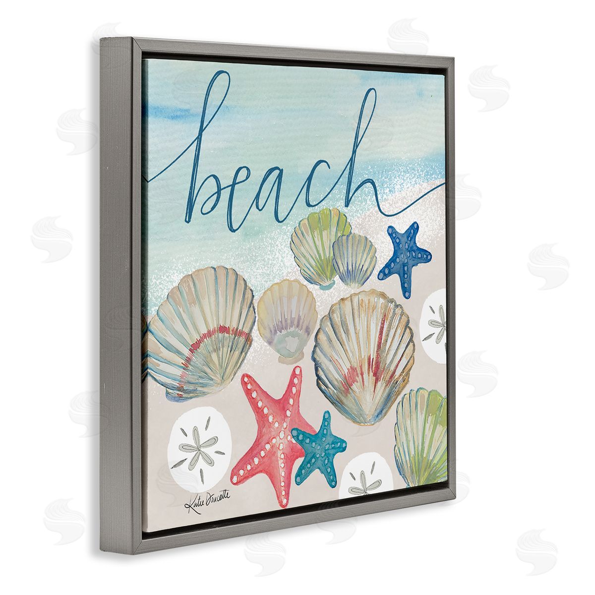 Katie Doucette Beach Calligraphy Seashells Clams Starfish Ocean Foam Gray Floating Frame Canvas Wall Art Print