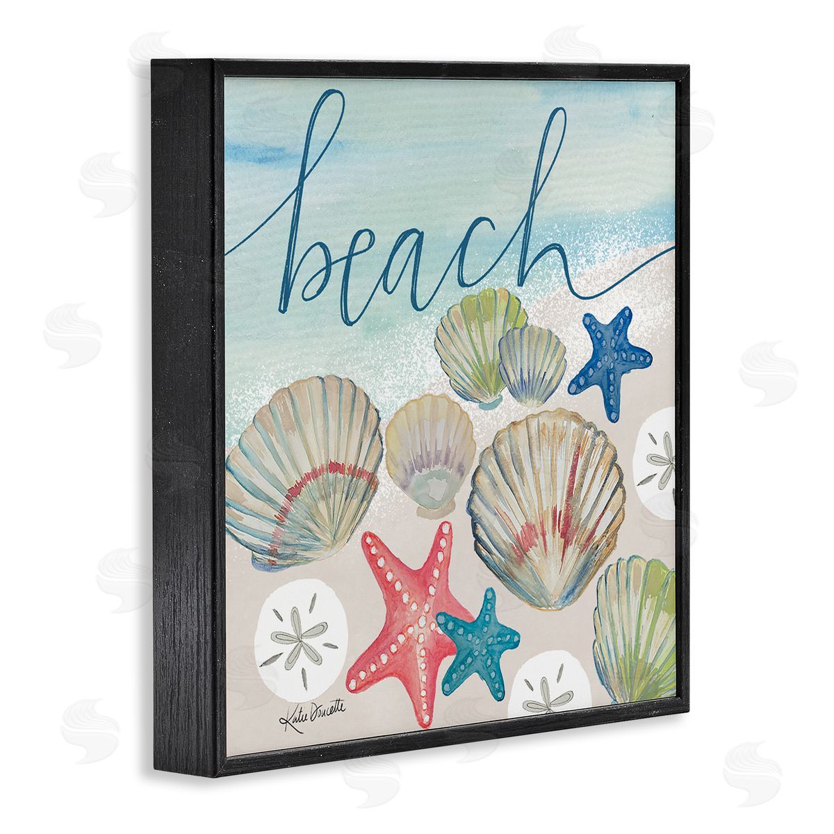 Katie Doucette Beach Calligraphy Seashells Clams Starfish Ocean Foam Black Framed Glicee Wall Art Print